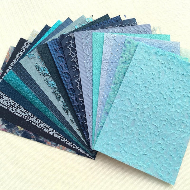 Flartmo 20 Unique A5 Textured Scrapbook Paper & Mesh Fabric Set, Handmade Craft Paper for Scrapbooking, Junk Journal Supplies, Card Making, Decoupage, Collage & Gift Embellishments (Blue) - Image 1